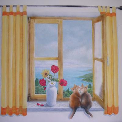 Wandmalerei Fenster mit Kätzchen